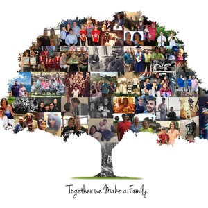 A family tree-shaped collage with photos of family members and pets, captioned "Together we Make a Family."