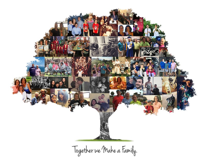 A family tree-shaped collage with photos of family members and pets, captioned "Together we Make a Family."
