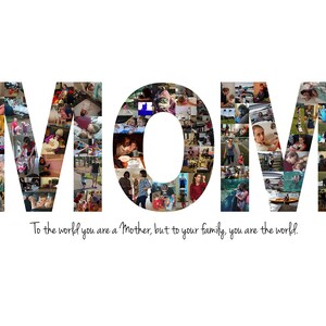 K&ouml;nnte beinhalten: Eine Fotocollage, die das Wort "MAMA" mit vielen verschiedenen Bildern einer Familie buchstabiert. Der Text unter der Collage lautet "F&uuml;r die Welt bist du eine Mutter, aber f&uuml;r deine Familie bist du die Welt."