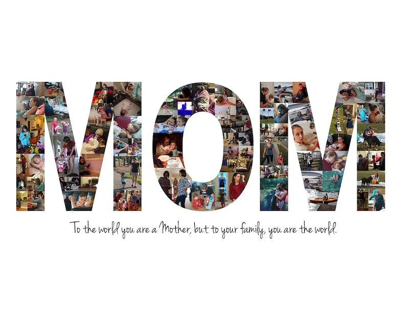 K&ouml;nnte beinhalten: Eine Fotocollage, die das Wort "MAMA" mit vielen verschiedenen Bildern einer Familie buchstabiert. Der Text unter der Collage lautet "F&uuml;r die Welt bist du eine Mutter, aber f&uuml;r deine Familie bist du die Welt."