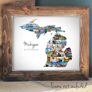 Aangepaste fotocollage kaart Michigan, muurkunst cadeau staat Michigan - gepersonaliseerd met jouw digitale foto's!