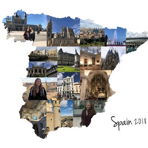 Custom Spain map photo collage featuring the text “Spain 2018” on a white background. The collage is shaped like the country of Spain and composed of a grid-style layout of personal travel moments, creating a unique and meaningful keepsake or decorative print.  Text is customizable and collage is made with your own pictures.