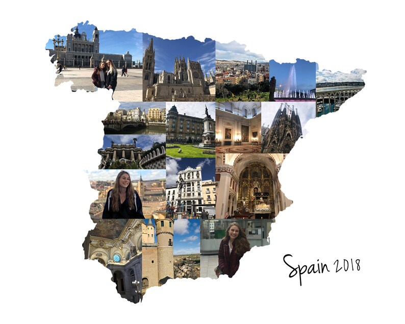 Custom Spain map photo collage featuring the text “Spain 2018” on a white background. The collage is shaped like the country of Spain and composed of a grid-style layout of personal travel moments, creating a unique and meaningful keepsake or decorative print.  Text is customizable and collage is made with your own pictures.