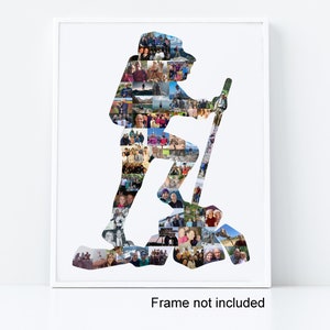Può includere: Un collage fotografico di un escursionista con uno zaino e un bastone da trekking. Il collage è composto da molte foto diverse di persone e luoghi.