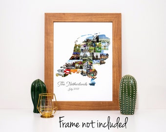 Netherlands Map Art Print, Holland Travel Gift - Personalized Amsterdam Photo Collage - Custom Made with your Digital Pictures