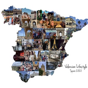 Custom Spain map photo collage featuring the phrase “Valencian Lifestyle” and “Spain 2020” on a white background. The collage is shaped like Spain and composed of personal moments, making it a unique and memorable travel keepsake or display piece.