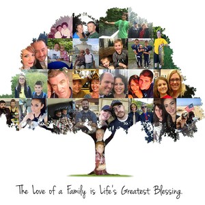 A family tree-shaped collage with photos of family members, captioned "The Love of a Family is Life's Greatest Blessing." Text is customizable.