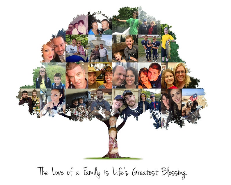 A family tree-shaped collage with photos of family members, captioned "The Love of a Family is Life's Greatest Blessing." Text is customizable.
