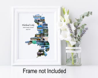Flathead Lake Map Photo Collage - Montana Travel Gift - Personalized with your digital pictures - Lake Life Art