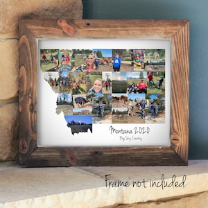 Collage de fotos personalizado con el mapa del estado de Montana: recuerdo de vacaciones, regalo de inauguración de la casa, hecho a medida con sus fotografías digitales