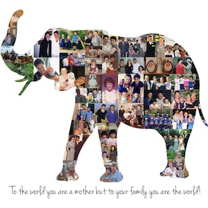 Customizable elephant shaped photo collage made with the customers own photos and designed by the seller. The collage features a collection of images, arranged in the shape of an elephant, with customizable text at the bottom.