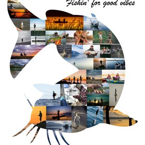 Customizable fish-shaped photo collage made with the customers own photos, designed by the seller. The collage features a collection of images, arranged in the shape of a fish, with customizable text at the top.