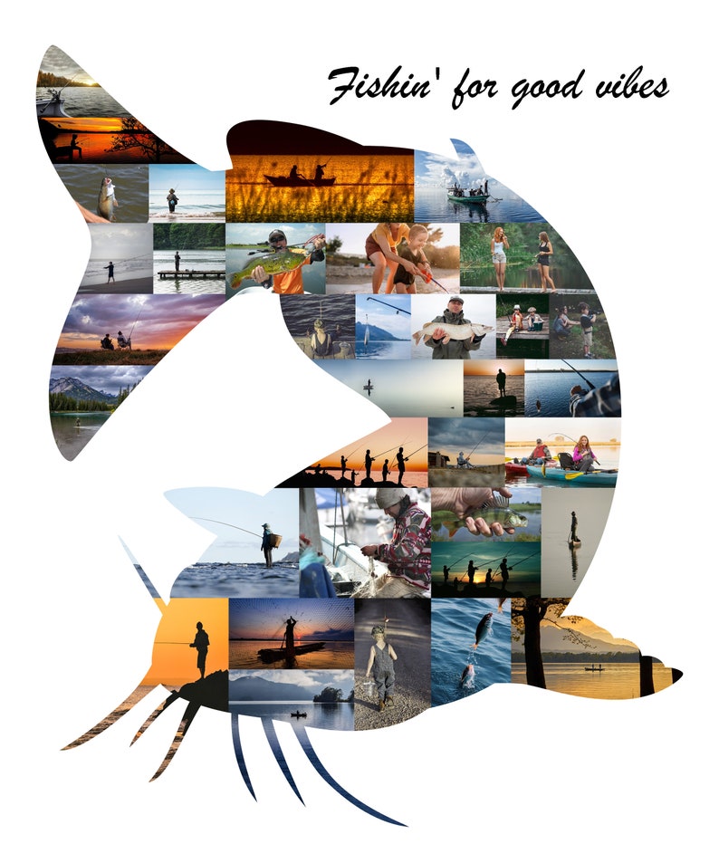 Customizable fish-shaped photo collage made with the customers own photos, designed by the seller. The collage features a collection of images, arranged in the shape of a fish, with customizable text at the top.