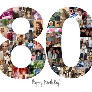 vibrant photo collage shaped as the number "80" to celebrate a special 80th birthday. The collage is filled with various memorable moments featuring friends, family, travels, and special occasions. The text “Happy Birthday!” is elegantly written below the number, set against a clean white background for a modern and elegant presentation.
