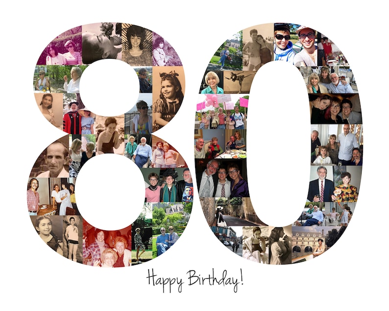 vibrant photo collage shaped as the number "80" to celebrate a special 80th birthday. The collage is filled with various memorable moments featuring friends, family, travels, and special occasions. The text “Happy Birthday!” is elegantly written below the number, set against a clean white background for a modern and elegant presentation.