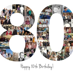 vibrant photo collage shaped as the number "80" to celebrate a special 80th birthday. The collage is filled with various memorable moments featuring friends, family, travels, and special occasions. The custom text is elegantly written below the number, set against a clean white background for a modern and elegant presentation.