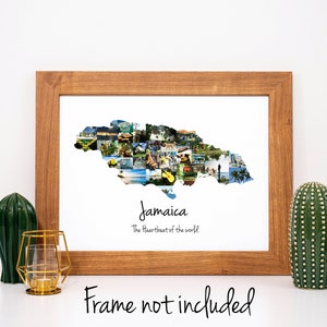 Collage de fotos con el mapa de Jamaica: recuerdo de vacaciones personalizado, regalo de viaje personalizado, arte mural caribeño con tus fotos