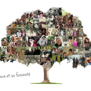 A family tree-shaped collage with photos of family members.