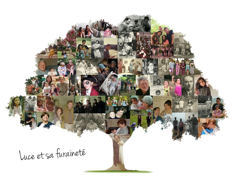 A family tree-shaped collage with photos of family members.
