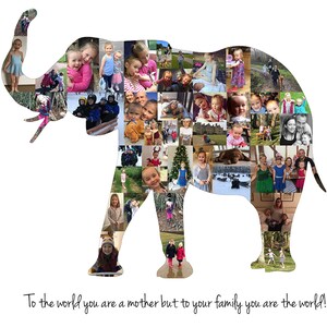 Customizable elephant shaped photo collage made with the customers own photos and designed by the seller. The collage features a collection of images, arranged in the shape of an elephant, with customizable text at the bottom.