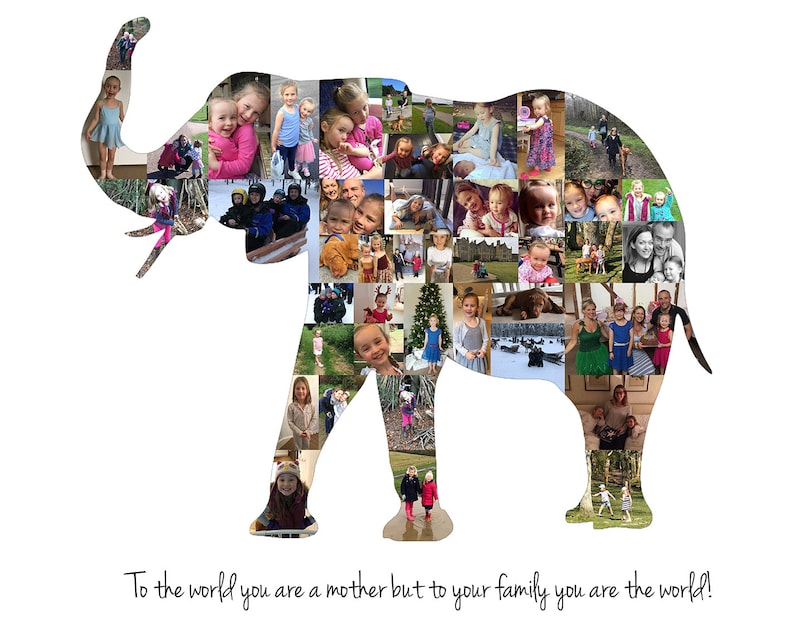 Customizable elephant shaped photo collage made with the customers own photos and designed by the seller. The collage features a collection of images, arranged in the shape of an elephant, with customizable text at the bottom.