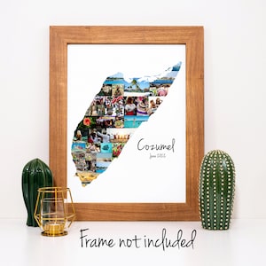 Collage de fotos personalizado con el mapa de Cozumel: regalo de recuerdo de vacaciones en México: ¡hecho a medida con tus fotografías digitales!