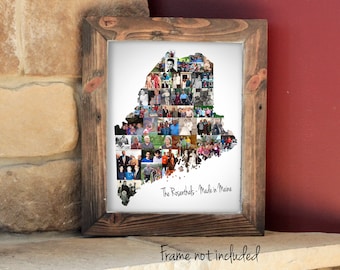Collage de fotografías personalizado con el mapa de Maine - Póster de arte de pared de Maine - Regalo de mudanza - ¡Hecho a medida con tus imágenes digitales!