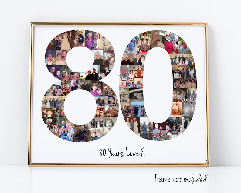 Photo collage in the shape of the number "80,". The collage consists of various smaller photos of family and friends arranged within the shape of the number, with the text "80 Years Loved!" written below.