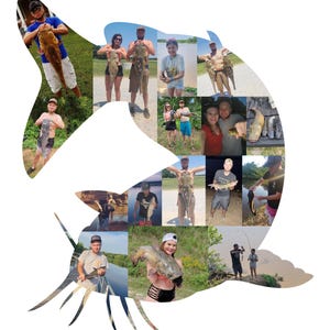 Customizable cat fish-shaped photo collage made with the customers own photos, designed by the seller. The collage features a collection of images, arranged in the shape of a catfish, with customizable text at the top.
