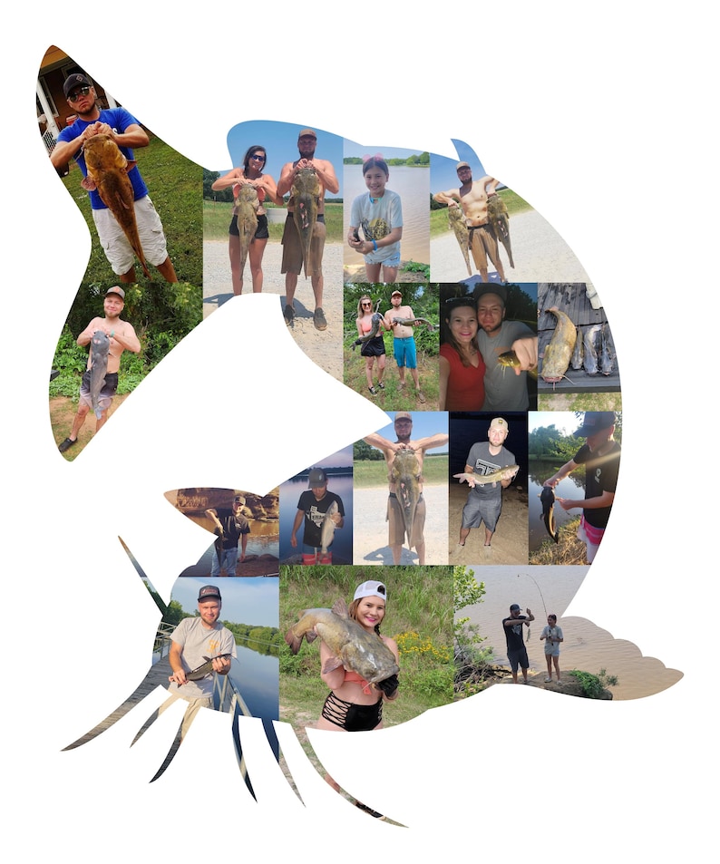 Customizable cat fish-shaped photo collage made with the customers own photos, designed by the seller. The collage features a collection of images, arranged in the shape of a catfish, with customizable text at the top.