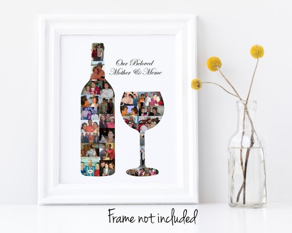 Wine Bottle and Glass Photo Collage - Personalized Keepsake Photo Gift for Her - Wino Birthday - Custom Made with Your Digital Pictures
