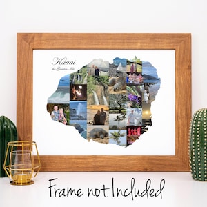Île de Kauai - collage de photos de carte de l'état d'Hawaï - cadeau souvenir de vacances personnalisé - fait sur mesure avec vos photos numériques