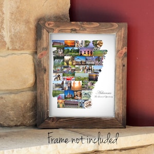 Collage de fotos del mapa del estado de Arkansas, decoración de arte de pared de recuerdo de vacaciones de Arkansas, regalo de inauguración de la casa: ¡hecho a medida con sus imágenes digitales!