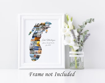 Lake Michigan Map Photo Collage - Personalized with your digital pictures - Vacation Souvenir Art