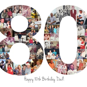vibrant photo collage shaped as the number "80" to celebrate a special 80th birthday. The collage is filled with various memorable moments featuring friends, family, travels, and special occasions. The custom text is elegantly written below the number, set against a clean white background for a modern and elegant presentation.