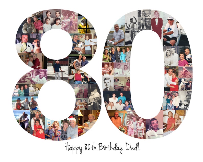 vibrant photo collage shaped as the number "80" to celebrate a special 80th birthday. The collage is filled with various memorable moments featuring friends, family, travels, and special occasions. The custom text is elegantly written below the number, set against a clean white background for a modern and elegant presentation.