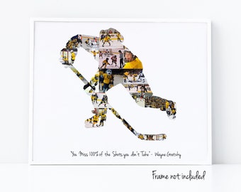 May include: A white framed print of a hockey player silhouette made of photos. The quote "You Miss 100% of the Shots you don't Take - Wayne Gretzky" is printed below the image.