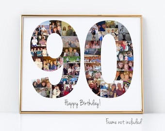 Cadeau pour 90e anniversaire, collage de photos de chiffres, décoration de fête pour 90e anniversaire, collage de photos, réalisation sur mesure à partir de vos photographies !