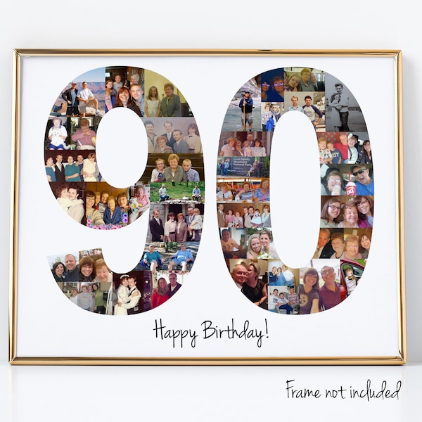 90th Birthday Gift, Number Photo Collage, 90th Party Decoration, Picture Collage, Custom Made from your Photographs!