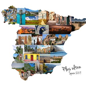Custom Spain-shaped photo collage with the phrase “Plus Ultra” and “Spain 2019” in elegant script. The collage forms the outline of Spain and is ideal as a personalized travel keepsake or decorative print. Clean white background enhances the bold, colorful design.  Text shown is customizable.  Collage is made with your own digital pictures.