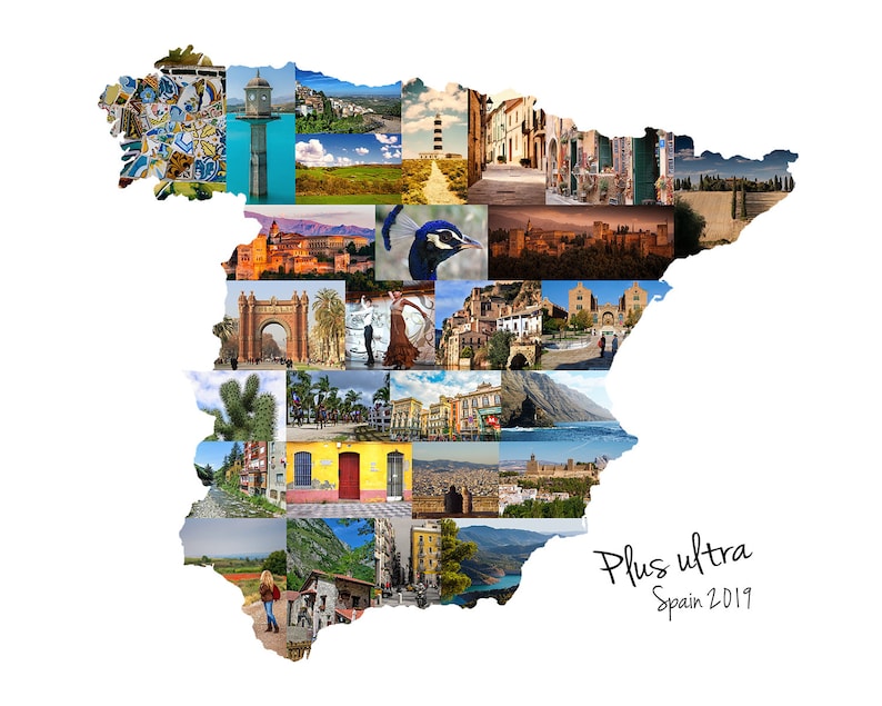 Custom Spain-shaped photo collage with the phrase “Plus Ultra” and “Spain 2019” in elegant script. The collage forms the outline of Spain and is ideal as a personalized travel keepsake or decorative print. Clean white background enhances the bold, colorful design.  Text shown is customizable.  Collage is made with your own digital pictures.