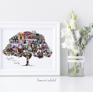 A family tree-shaped photo collage in a white frame with the words "Together we make a Family" displayed next to a vase of white flowers. Frame not included.