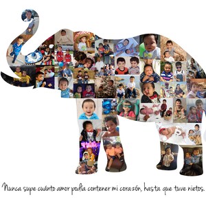 Customizable elephant shaped photo collage made with the customers own photos and designed by the seller. The collage features a collection of images, arranged in the shape of an elephant, with customizable text at the bottom.