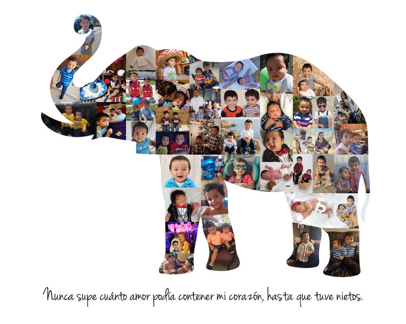Customizable elephant shaped photo collage made with the customers own photos and designed by the seller. The collage features a collection of images, arranged in the shape of an elephant, with customizable text at the bottom.