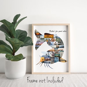 Framed collage of small, colorful photos arranged in the shape of a catfish.   The phrase Fishin for good vibes at the top is customizable.