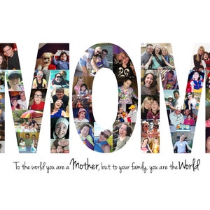 K&ouml;nnte beinhalten: Eine Fotocollage, die das Wort "MAMA" mit vielen verschiedenen Fotos von Menschen buchstabiert, darunter Kinder, Erwachsene und Familien. Der Text unter der Collage lautet "F&uuml;r die Welt bist du eine Mutter, aber f&uuml;r deine Familie bist du die Welt."