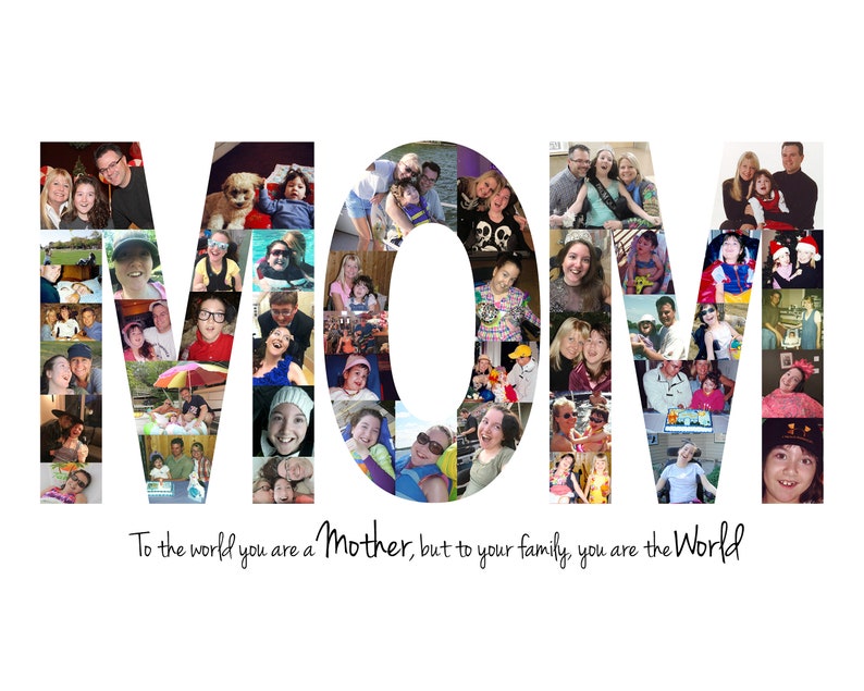 K&ouml;nnte beinhalten: Eine Fotocollage, die das Wort "MAMA" mit vielen verschiedenen Fotos von Menschen buchstabiert, darunter Kinder, Erwachsene und Familien. Der Text unter der Collage lautet "F&uuml;r die Welt bist du eine Mutter, aber f&uuml;r deine Familie bist du die Welt."