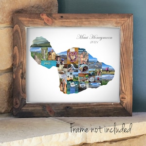 Collage de fotos del mapa del estado de Hawái y la isla Maui: regalo de recuerdo de vacaciones personalizado, hecho a medida con sus fotografías digitales