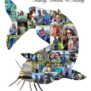 Customizable cat fish-shaped photo collage made with the customers own photos, designed by the seller. The collage features a collection of images, arranged in the shape of a catfish, with customizable text at the top.