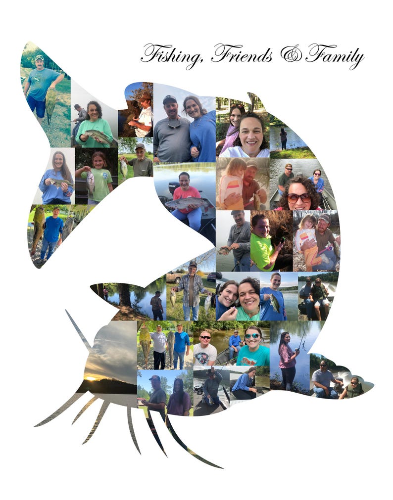 Customizable cat fish-shaped photo collage made with the customers own photos, designed by the seller. The collage features a collection of images, arranged in the shape of a catfish, with customizable text at the top.